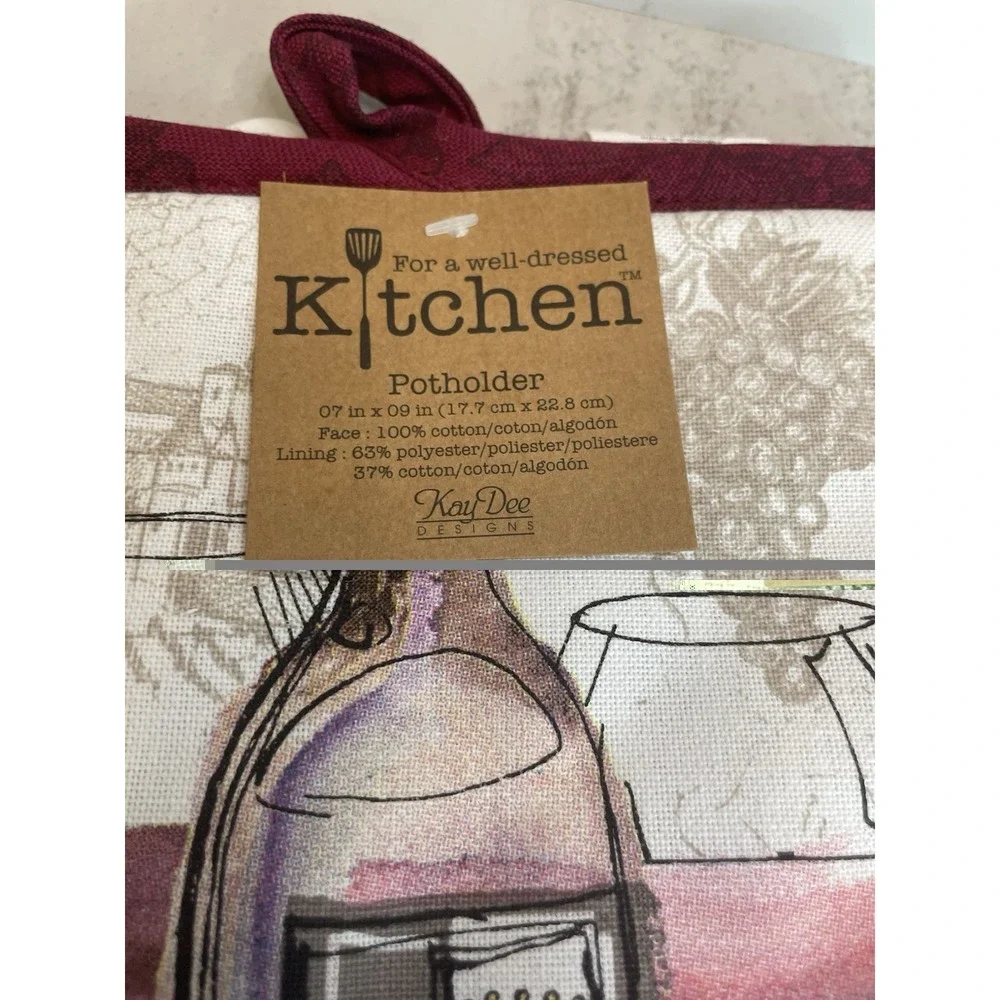 Set of 2 Kay Dee Designs Potholders Wine Bottle & Wine Glasses - New